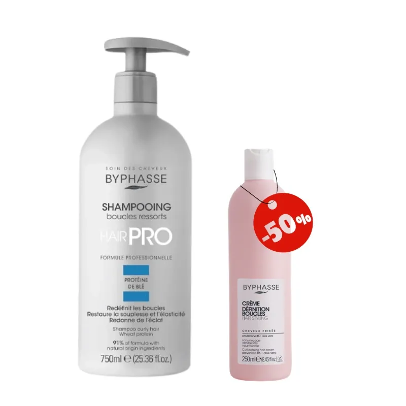 BYPHASSE SHAMPOOING BOUCLES RESSORTS PE ROTEINE DE BL750ML +CREME DEFINITION BOUCLES CHEVEUX FRISES 250ML (-50%)