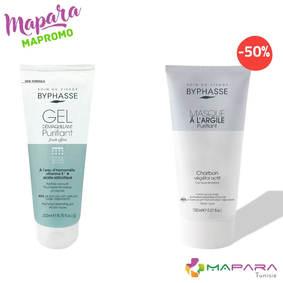 BYPHASSE GEL DÉMAQUILLANT PURIFIANT 200ML+MASQUE A L'ARGILE PURIFIANT 150ML (-50%)