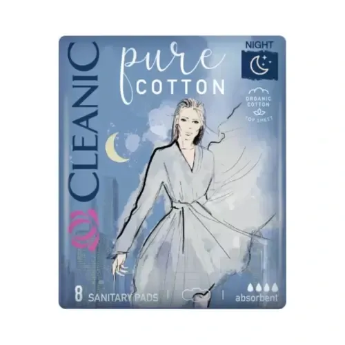 CLEANIC PURE COTTON SERVIETTES HYGIENIQUES NUIT 8 PIECES
